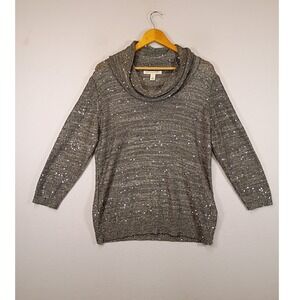 Holiday Glam Emaline‎ Womens Large Silver Sequin Cowl Neck Metallic Knit Sweater